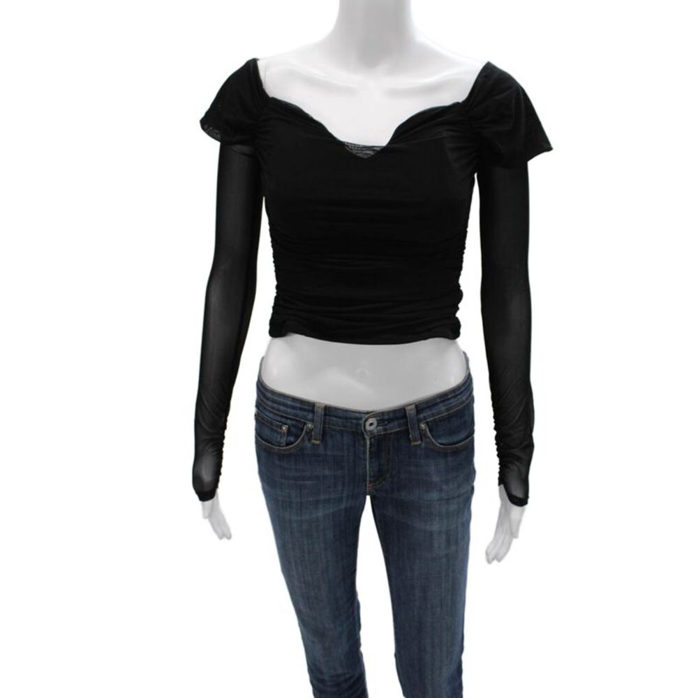 Majorelle Women Off Shoulder Cropped Blouse Black Nylon Long Sleeve Size S
